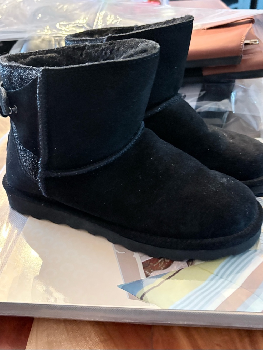 BearPaw Black Suede Short Fleece-Lined Women's Boots